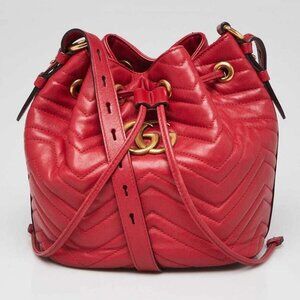 Gucci Red Chevron Quilted Leather Marmont Bucket Bag